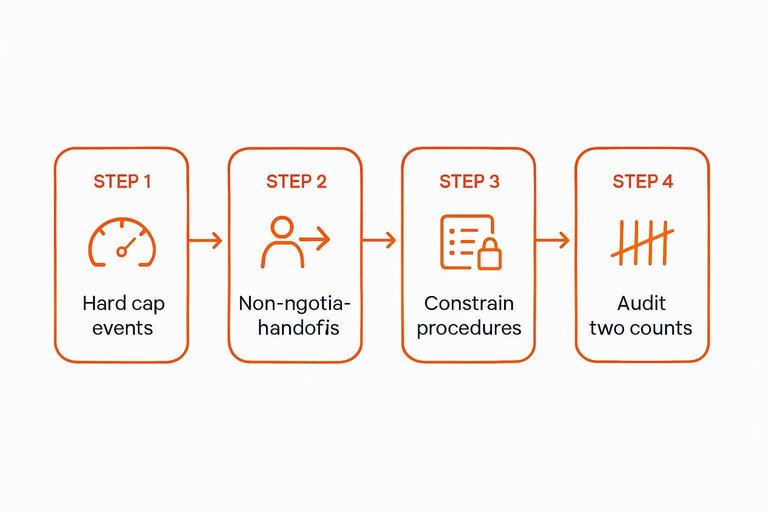 Four-step flow: Hard cap events, Non-negotiable handoffs, Constrain procedures, Audit two counts