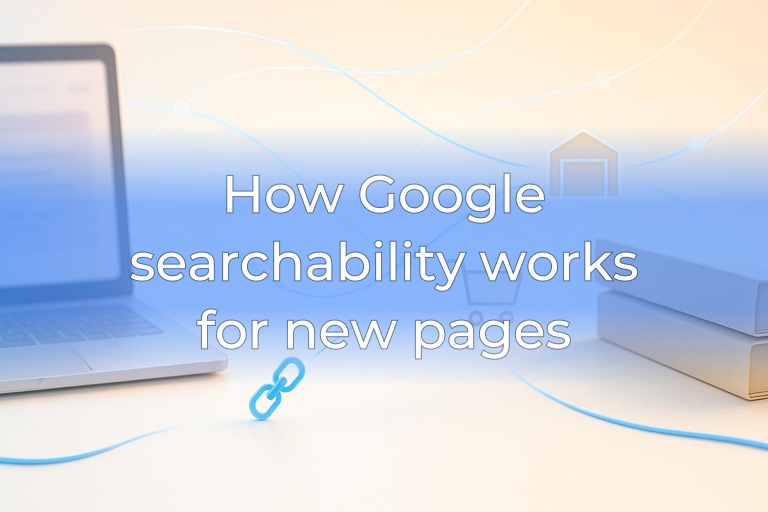 Airy desk scene with laptop and abstract blue network flow at edges, leaving a clean bright center space