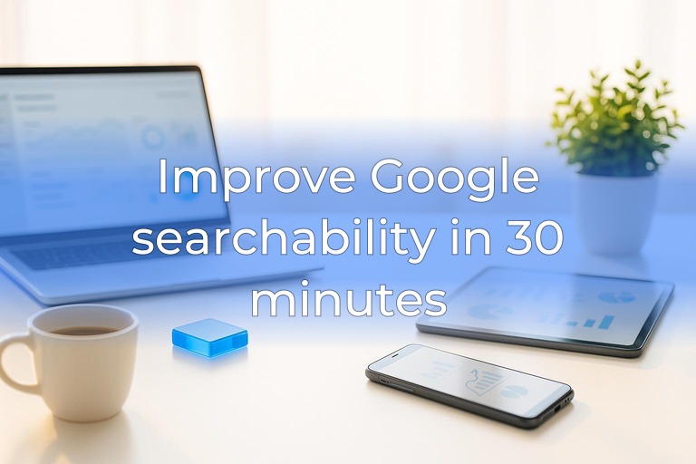 Airy modern desk with laptop and devices, subtle blue accents, and a clean white center for overlay text