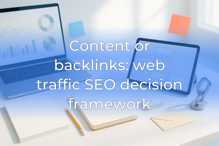 Airy marketing desk with blank flowchart cards, abstract analytics screens, and subtle blue accents, center kept clear