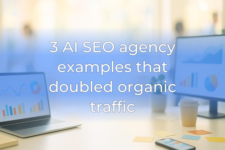 Airy marketing workspace with abstract analytics screens, warm daylight, and subtle blue accents, clean center space