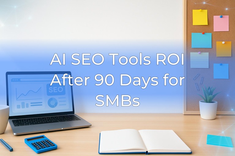 Airy office desk with laptop, blank sticky notes and subtle blue accents, center left clean for overlay