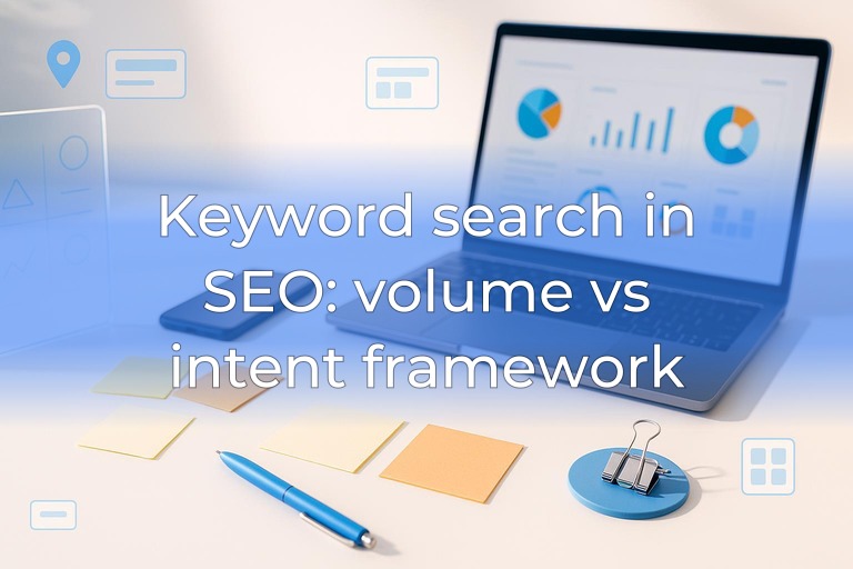 Sunlit SEO workspace with laptop and abstract SERP tiles at edges, clean white center and subtle blue accents