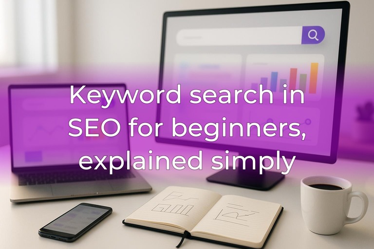 Clean modern desk with laptop and monitor showing blurred analytics, soft purple accent lighting, center space open