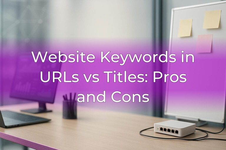 Modern SEO workspace with laptop and blank whiteboard at edges, soft magenta accent lighting and clean center