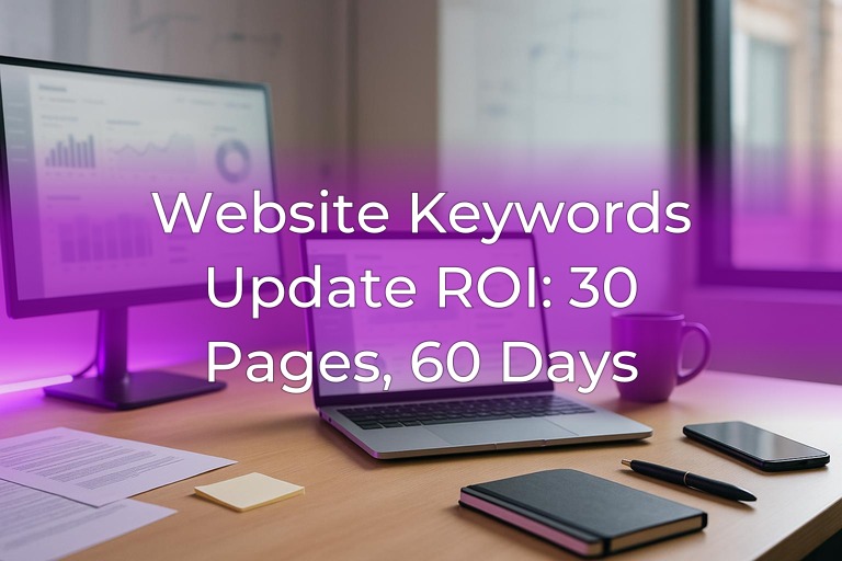 Clean modern SEO workspace with laptop screens showing blurred charts and subtle magenta accent lighting