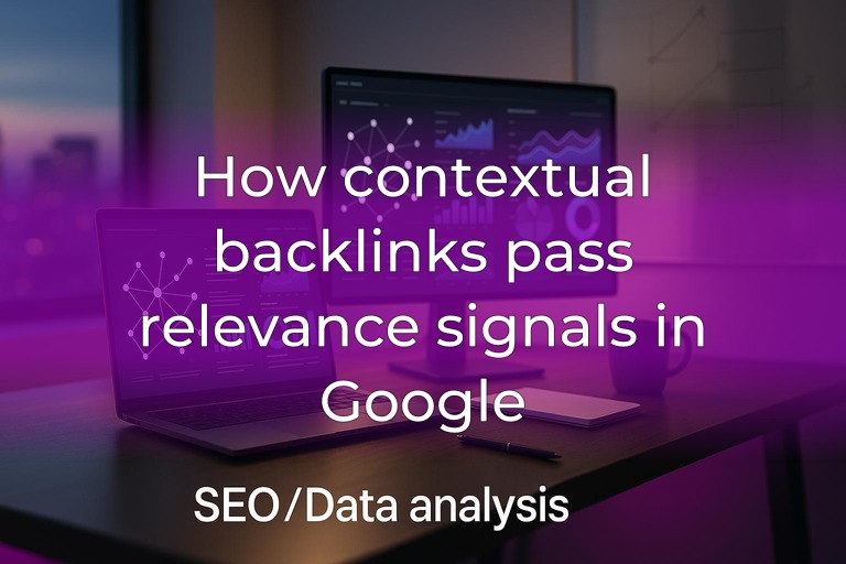 Modern office desk with monitors showing abstract link graphs, subtle magenta accent light, blurred city window view