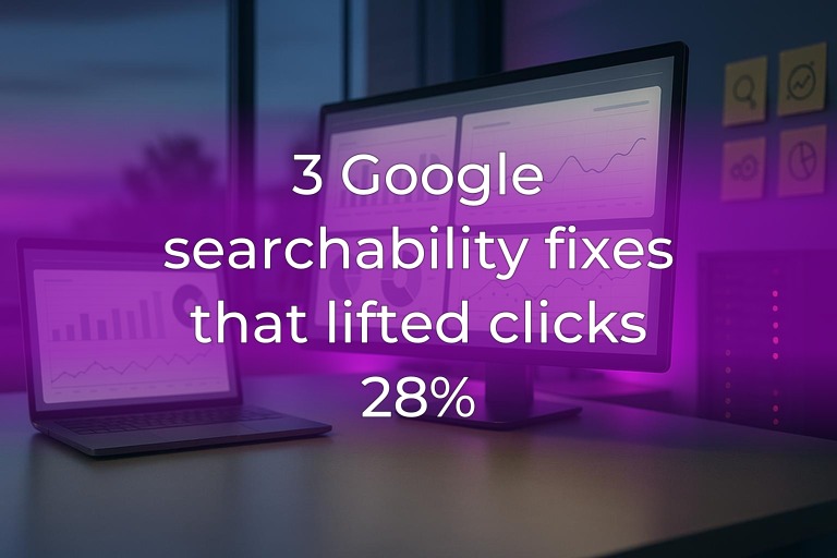 Clean analytics desk with blurred chart screens at edges and subtle magenta accent lighting, center left empty