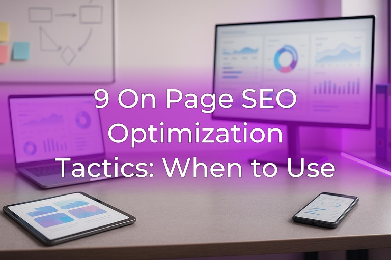 Modern analytics workspace with laptop and monitor showing blurred charts, subtle purple accent lighting, clean center space