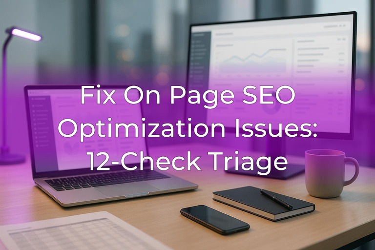 Clean modern desk with blurred analytics screens, soft purple accent light, and uncluttered center space