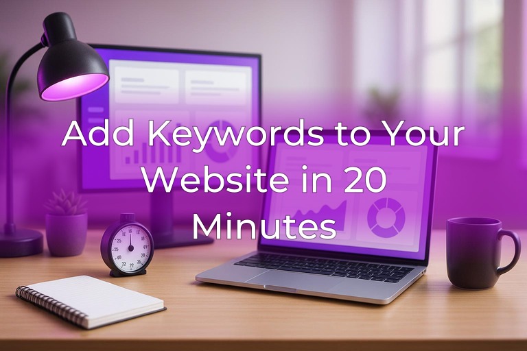 Modern SEO workspace with laptop, blank UI screens, stopwatch, and subtle purple accent lighting