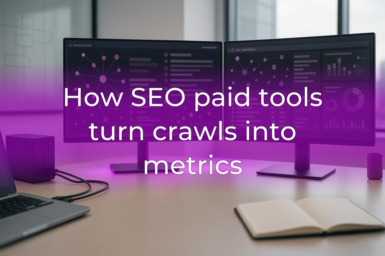 Modern analytics office desk with dual monitors showing abstract crawl graphs, subtle magenta lighting, clean center