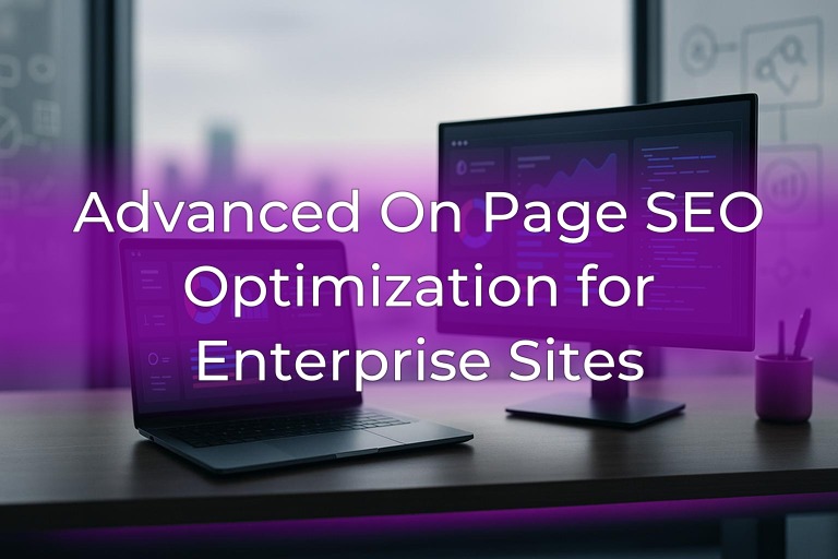 Modern enterprise workspace with monitors, glass wall diagrams, and subtle magenta accent lighting, center left clear
