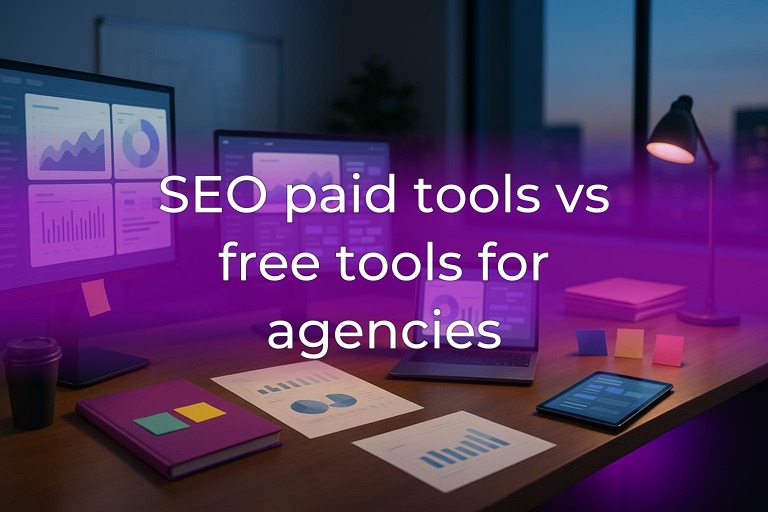 Modern SEO agency desk with multiple monitors, clean center space, and subtle magenta accent lighting