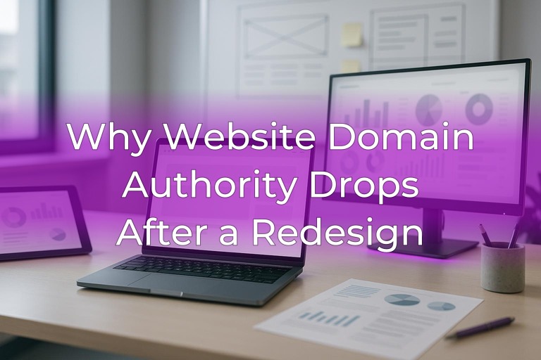 Clean modern analytics desk with dual monitors, blurred dashboards, and subtle purple accent lighting, center negative space