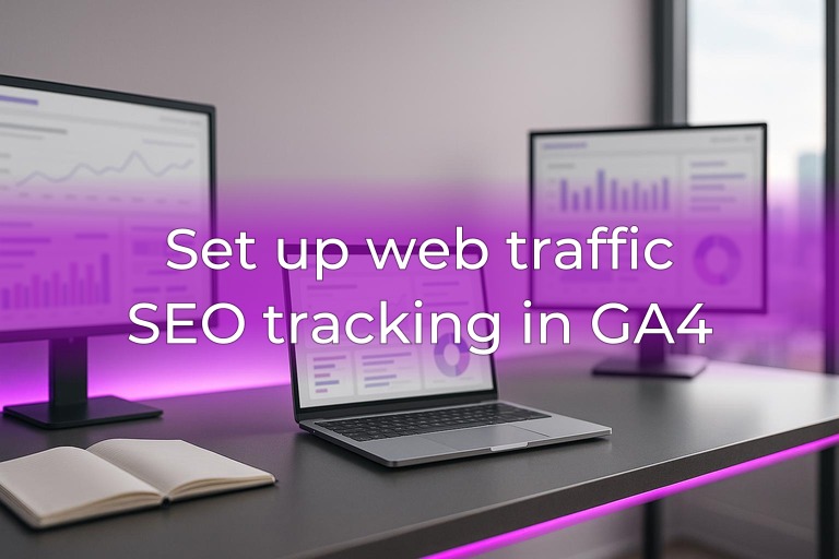 Modern analytics workspace with dual monitors, clean center space, and subtle magenta accent lighting