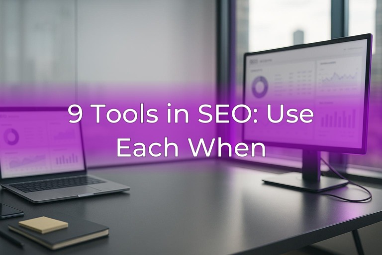 Clean modern office desk with blurred analytics screens, city window light, and subtle magenta accent glow