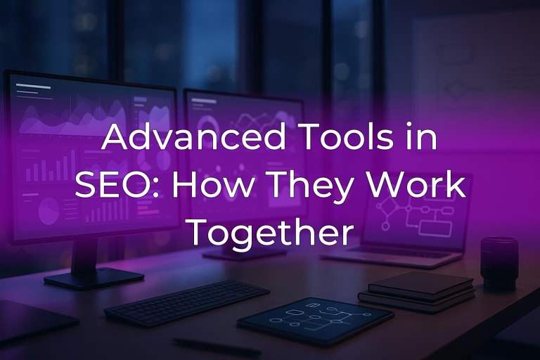 Modern analytics workspace with abstract dashboards on screens and subtle magenta accent lighting, center uncluttered