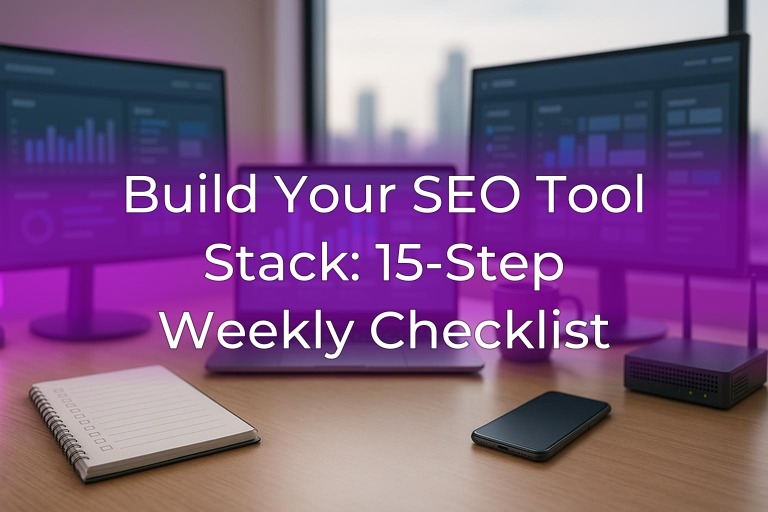 Clean modern desk with dual monitors, analytics-style blur, and subtle magenta accent lighting, center left open