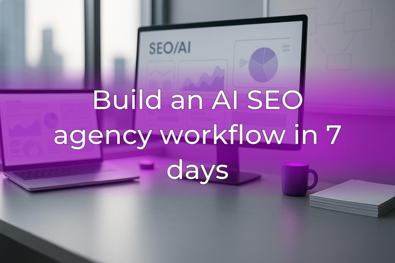 Bright modern agency desk with laptop, abstract charts, whiteboard diagrams, and subtle purple accent lighting