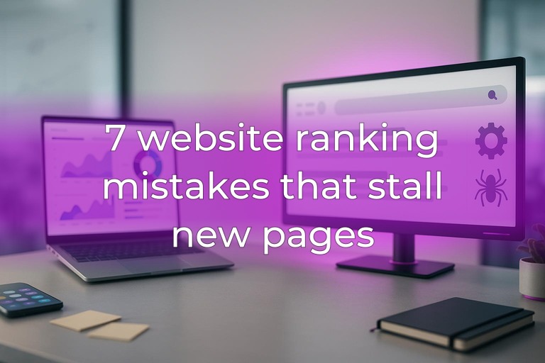 Clean modern SEO workspace with dual monitors, soft magenta accent lighting, and uncluttered center space