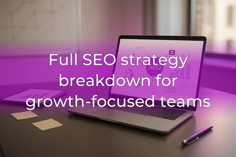 Modern workspace with laptop analytics, glass whiteboard diagrams, and subtle magenta-purple accent lighting