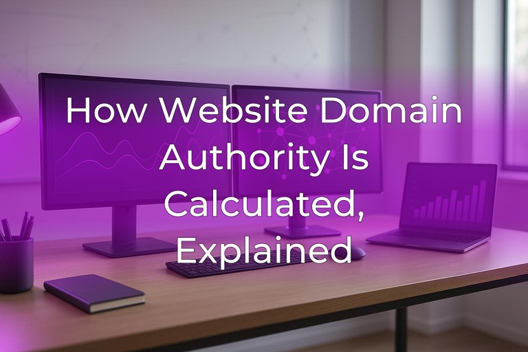 Modern analytics workspace with dual monitors, link-graph visuals, and subtle purple accent lighting, center left clean