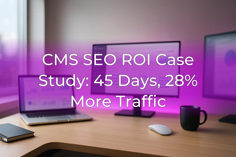 Modern office desk with blurred analytics screens at edges, soft daylight and subtle magenta accent lighting