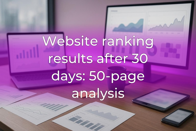 Modern SEO analytics desk with monitors showing abstract charts, soft magenta accent light, clean center space