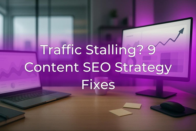 Modern analytics workspace with laptop and monitor showing abstract charts, subtle magenta accent lighting