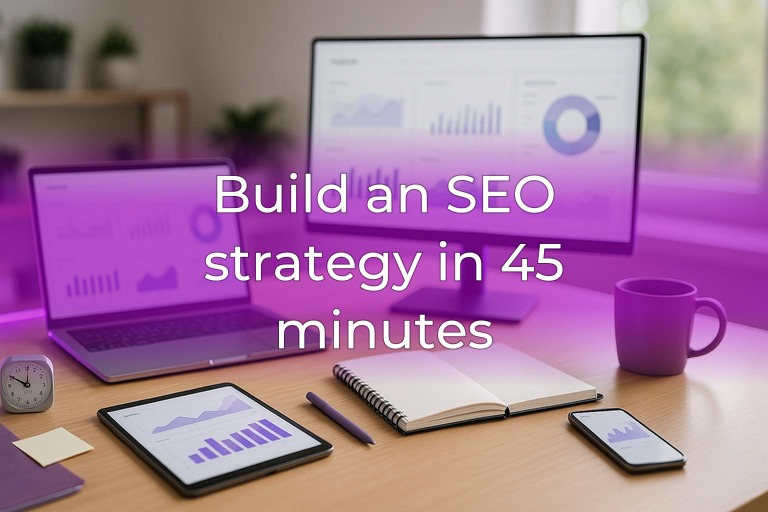 Bright modern SEO workspace with laptop dashboards, timer, and subtle magenta-purple accents, clean center space