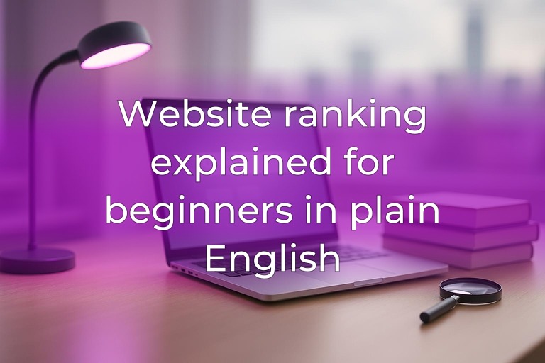 Modern office desk with laptop, books and magnifying glass, soft #ad00cc accent light, blurred shelves behind