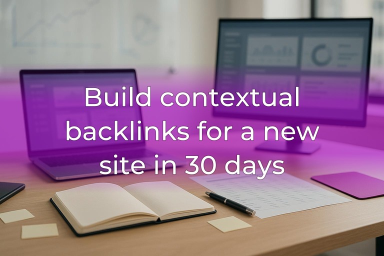 Modern marketing desk with blurred monitors, planning tools, and subtle magenta accent lighting, center uncluttered