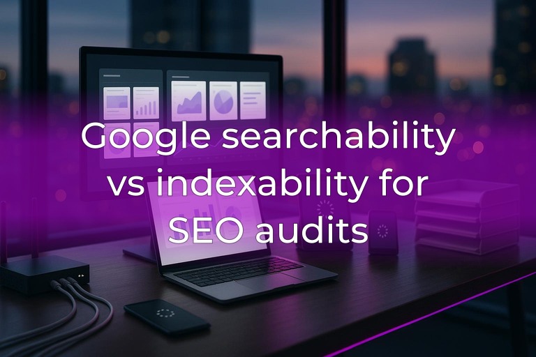 Modern SEO workspace with dual monitors, network cables and filing trays, subtle magenta lighting, clean center space