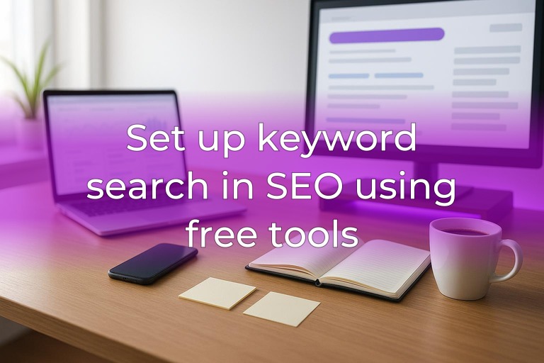 Clean modern desk with laptop and monitor showing blurred analytics, subtle magenta accent lighting, center empty