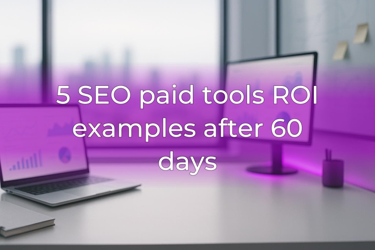 Clean SEO analytics workspace with dual monitors, blurred charts, and subtle magenta accent lighting by a window