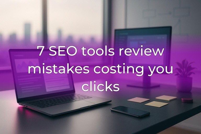 Bright modern SEO workspace with laptop and monitors, soft magenta accents, and clean center space