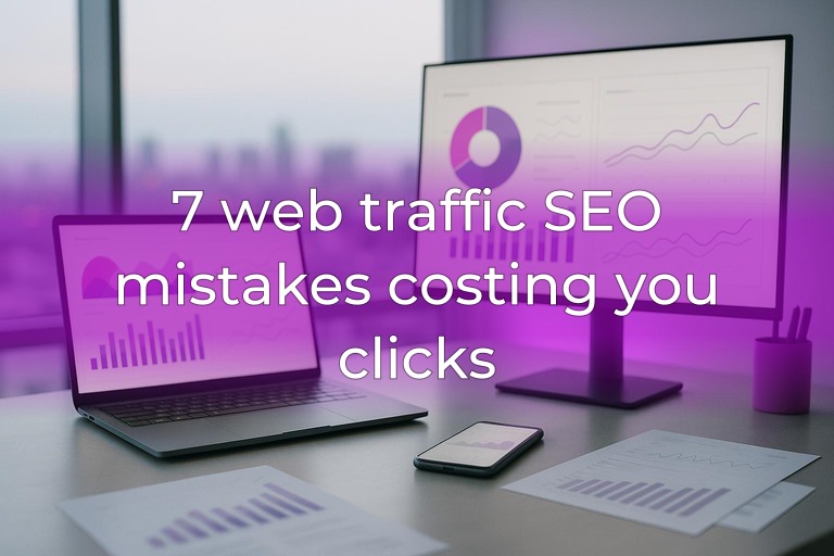 Modern office desk with blurred analytics screens, soft daylight and subtle magenta-purple accent lighting