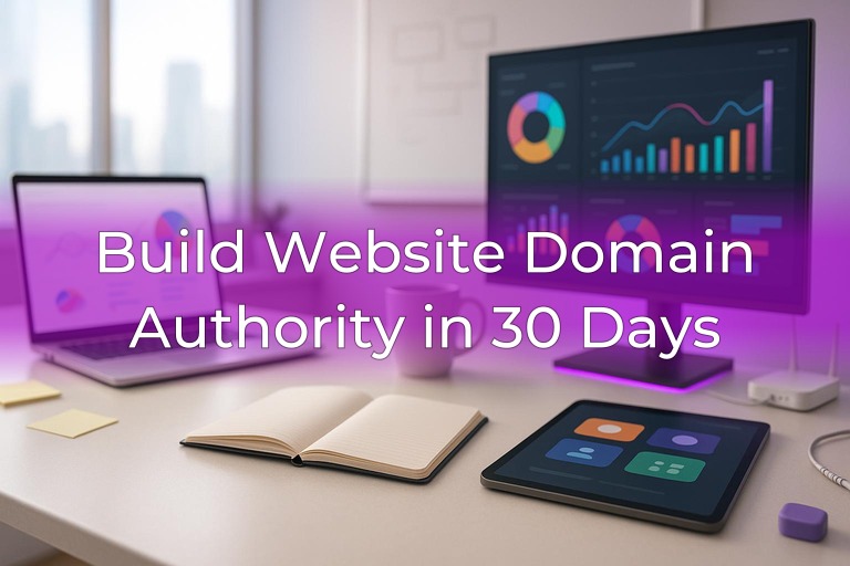 Bright analytics workspace with laptop screens showing abstract charts, subtle purple accent lighting, clean center space