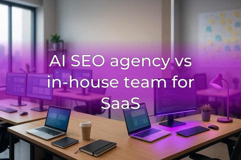 Split modern SaaS workspace with desks and monitors at edges, clean center space, subtle magenta accent lighting