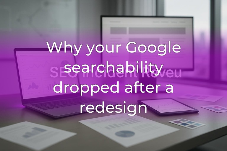 Clean modern office desk with blurred analytics screens and subtle magenta-purple accent light, center left open