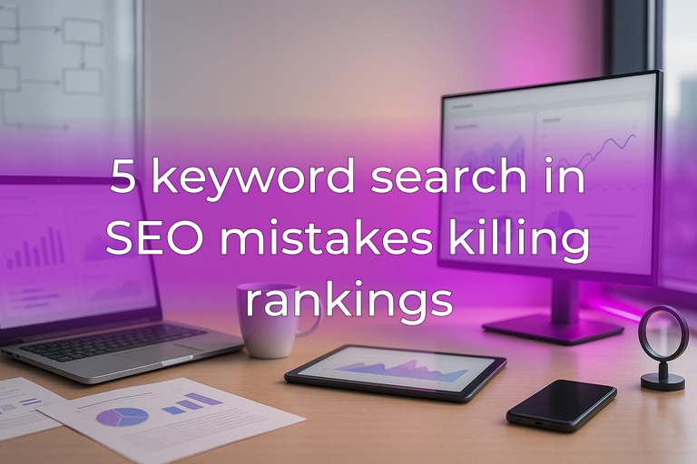 Modern analytics workspace with monitors showing blurred charts, soft daylight and subtle purple accent lighting