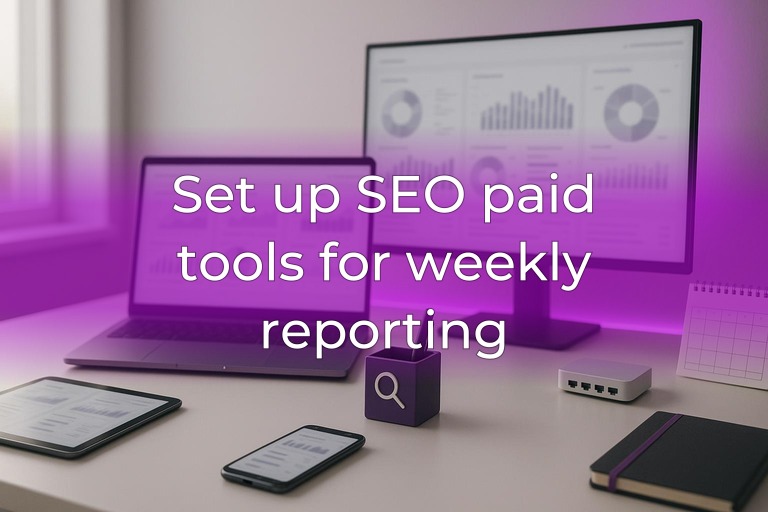 Modern desk with laptop and monitor showing blurred analytics, soft daylight and subtle purple accent lighting