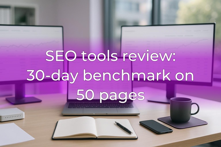Modern SEO workspace with dual monitors showing blurred charts, clean center space, subtle magenta accent lighting