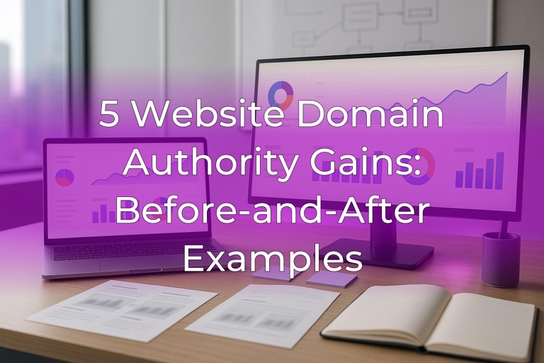 Clean SEO analytics workspace with blank-screen charts, soft daylight, and subtle purple accent lighting