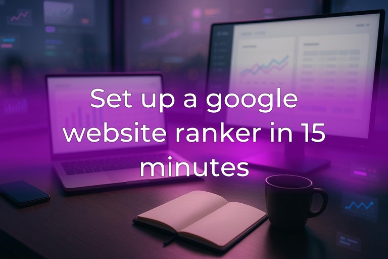 Modern workspace with laptop and monitor showing blurred charts, subtle magenta accent lighting, center left clean