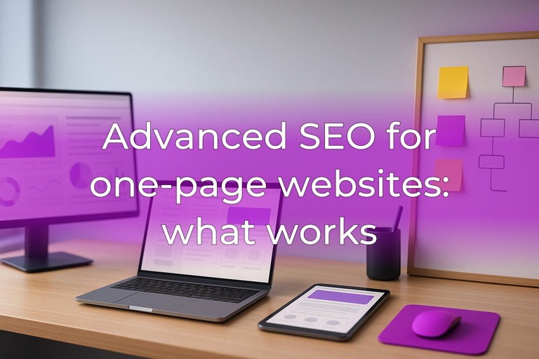 Modern SEO workspace with monitors showing blurred analytics, clean center space, subtle magenta accents