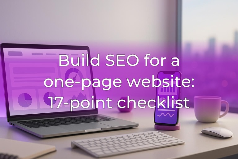 Clean modern marketing desk with laptop and phone UI, soft daylight and subtle magenta accent lighting