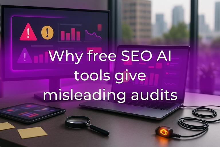 Modern SEO analytics desk with blurred dashboards, subtle magenta accent glow, and clean center space