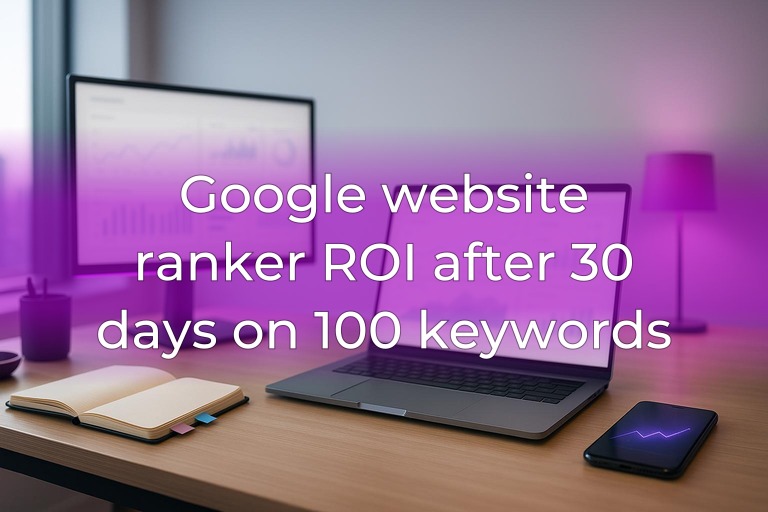 Clean SEO analytics desk with blurred charts on monitors, soft daylight and subtle magenta-purple accent lighting